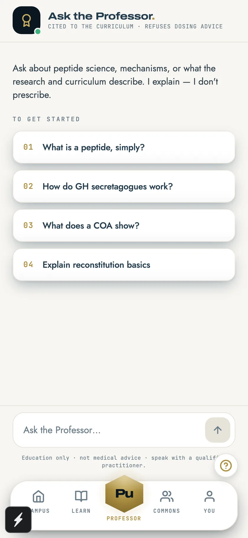 PeptideU — the Professor: cited AI answers